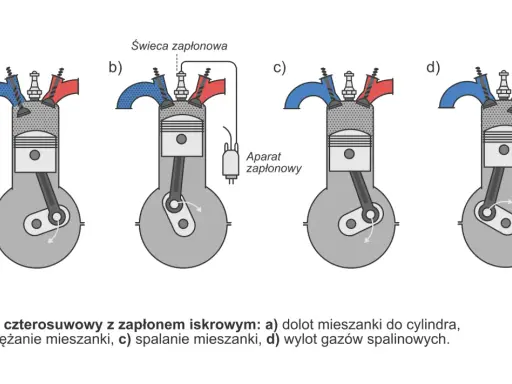 Cykl pracy silnika: tłok w cylindrze zasysa, spręża, spala mieszankę i wyrzuca spaliny.