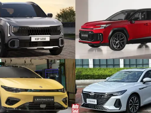 Cztery nowoczesne miejskie auta: szary SUV, czerwony SUV, żółty sedan i srebrny sedan.