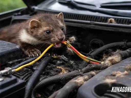Mała kuna w komorze silnika gryzie kable. To pokazuje, dlaczego kuna gryzie kable – szuka czegoś do gryzienia i niszczy przewody.