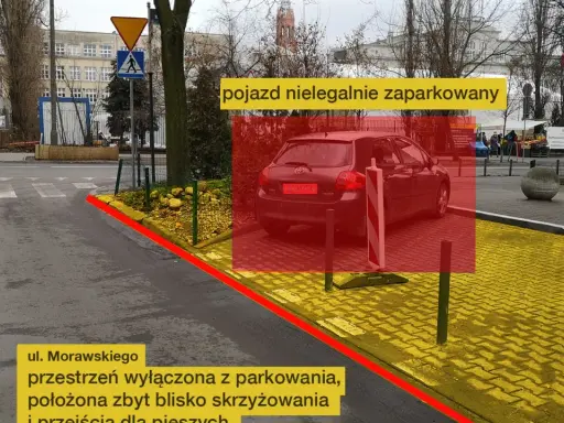 Czerwony obszar zaznacza pojazd nielegalnie zaparkowany. Ulica Morawskiego, przestrzeń wyłączona z parkowania, zbyt blisko skrzyżowania i przejścia dla pieszych.