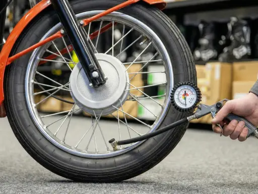 Sprawdzanie ciśnienia w oponach motocykla. Manometr pokazuje aktualne wartości, pomocny przy odczycie z tabeli ciśnienia w oponach.