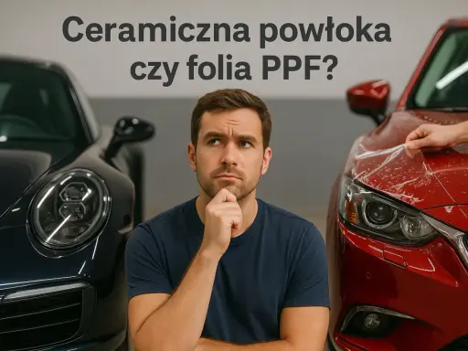 Mężczyzna zastanawia się nad wyborem między ceramiczną powłoką a folią PPF do ochrony lakieru samochodowego.