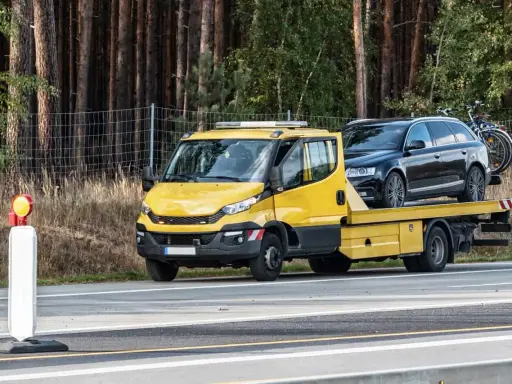 Żółta laweta z czarnym autem na pace, zaparkowana przy drodze. Obok stoi pachołek ostrzegawczy. To może być kara za parkowanie w miejscu niedozwolonym.