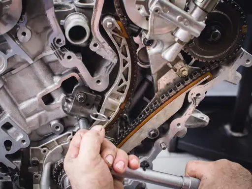 Mechanik naprawia rozrząd silnika. Luźny łańcuch może być jednym z objawów zużytej poduszki silnika.