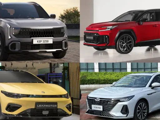 Kompilacja nowoczesnych samochodów klasy premium: szary SUV, czerwony SUV sportowy, żółty sedan i biały sedan.