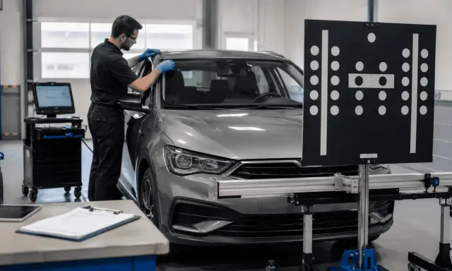 Mechanik w warsztacie przygotowuje samochód do wymiany szyby, używając specjalistycznego sprzętu.