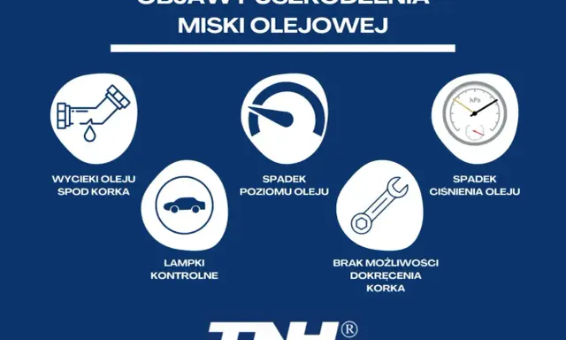 Objawy uszkodzenia miski olejowej: wycieki oleju, spadek poziomu i ciśnienia, kontrolki, brak możliwości dokręcenia korka. Wymiana miski olejowej może być konieczna.