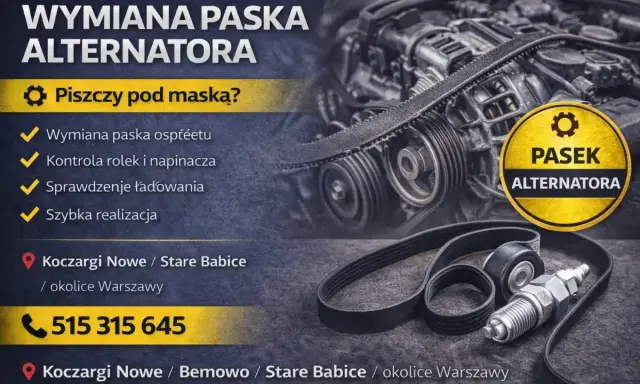 Wymiana paska klinowego w samochodzie. Słychać piski pod maską? Szybka wymiana paska alternatora, kontrola rolek i napinacza. Zadzwoń!