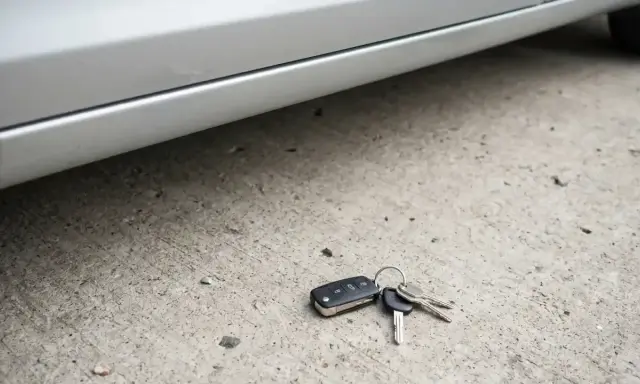 Zgubione kluczyki od samochodu leżą na betonie. Brak zapasowych, co oznacza kłopoty.