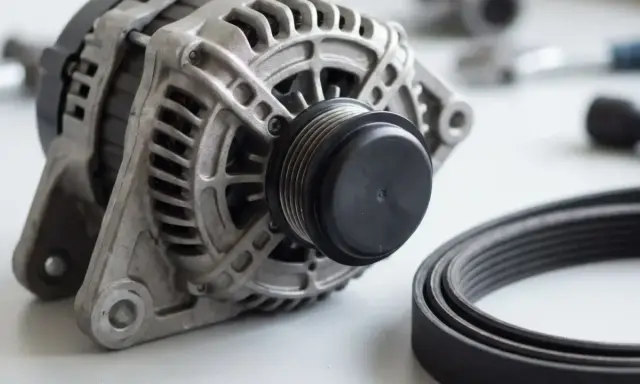 Alternator z kołem pasowym i paskiem. Objawy uszkodzenia sprzęgła alternatora mogą być różne, np. piski.