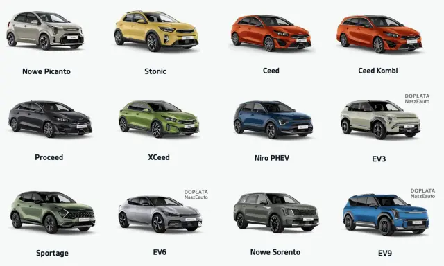 Różnorodne segmenty samochodów: Nowe Picanto, Stonic, Ceed, Ceed Kombi, Proceed, XCeed, Niro PHEV, EV3, Sportage, EV6, Nowe Sorento, EV9.