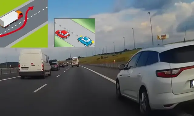 Ilustracje i zdjęcie z autostrady pokazujące manewry wyprzedzania.