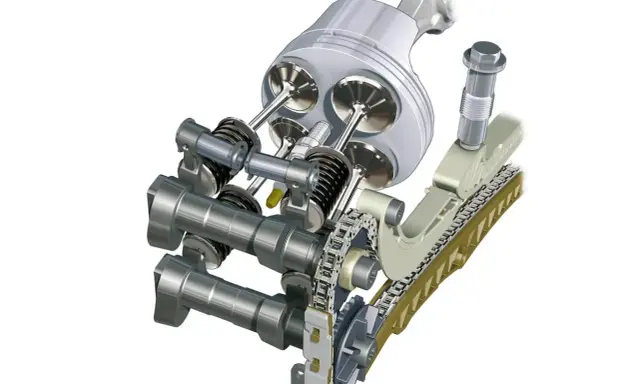 Mechanizm rozrządu silnika z tłokiem, zaworami i łańcuchem napędowym. Kluczowy element do precyzyjnej regulacji zaworów.