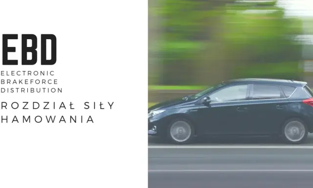 EBD - elektroniczny rozdział siły hamowania. Ciemny samochód w ruchu, zamazane tło.