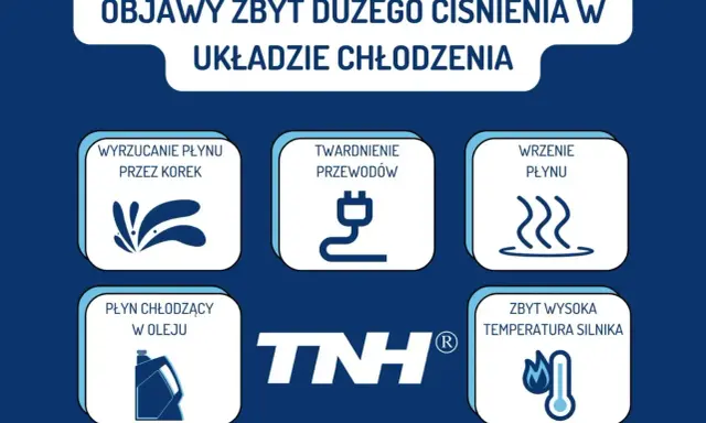 Objawy nadmiernego ciśnienia w układzie chłodzenia: wyrzucanie płynu, twardnienie przewodów, wrzenie, płyn chłodzący w oleju, wysoka temperatura silnika.