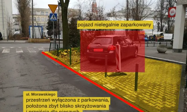Czerwony obszar zaznacza pojazd nielegalnie zaparkowany. Ulica Morawskiego, przestrzeń wyłączona z parkowania, zbyt blisko skrzyżowania i przejścia dla pieszych.