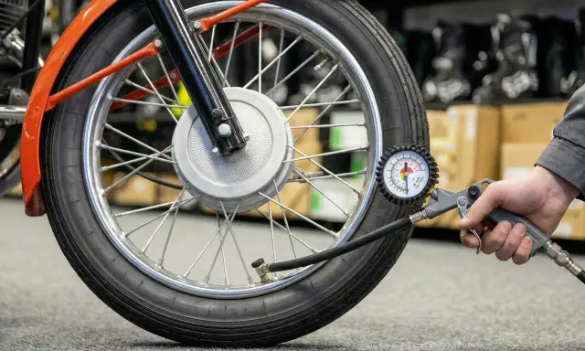 Sprawdzanie ciśnienia w oponach motocykla. Manometr pokazuje aktualne wartości, pomocny przy odczycie z tabeli ciśnienia w oponach.