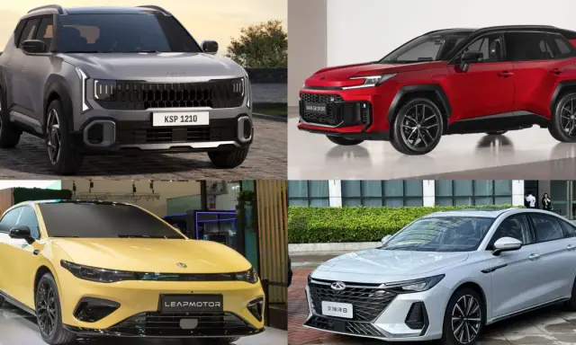 Kompilacja nowoczesnych samochodów klasy premium: szary SUV, czerwony SUV sportowy, żółty sedan i biały sedan.