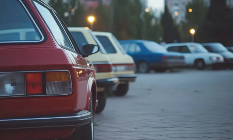 Rząd klasycznych, bezawaryjnych aut na parkingu. Czerwony klasyk z tyłu, za nim żółty, niebieski i biały.