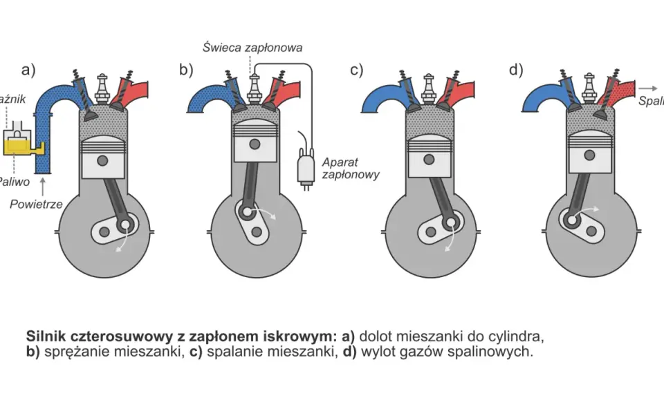 Cykl pracy silnika: tłok w cylindrze zasysa, spręża, spala mieszankę i wyrzuca spaliny.