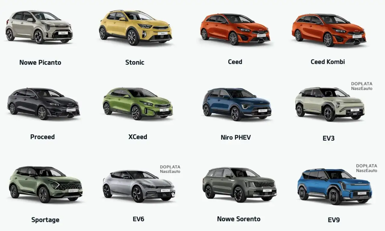 Kolekcja segmentów samochodów: Nowe Picanto, Stonic, Ceed, Ceed Kombi, Proceed, XCeed, Niro PHEV, EV3, Sportage, EV6, Nowe Sorento, EV9.