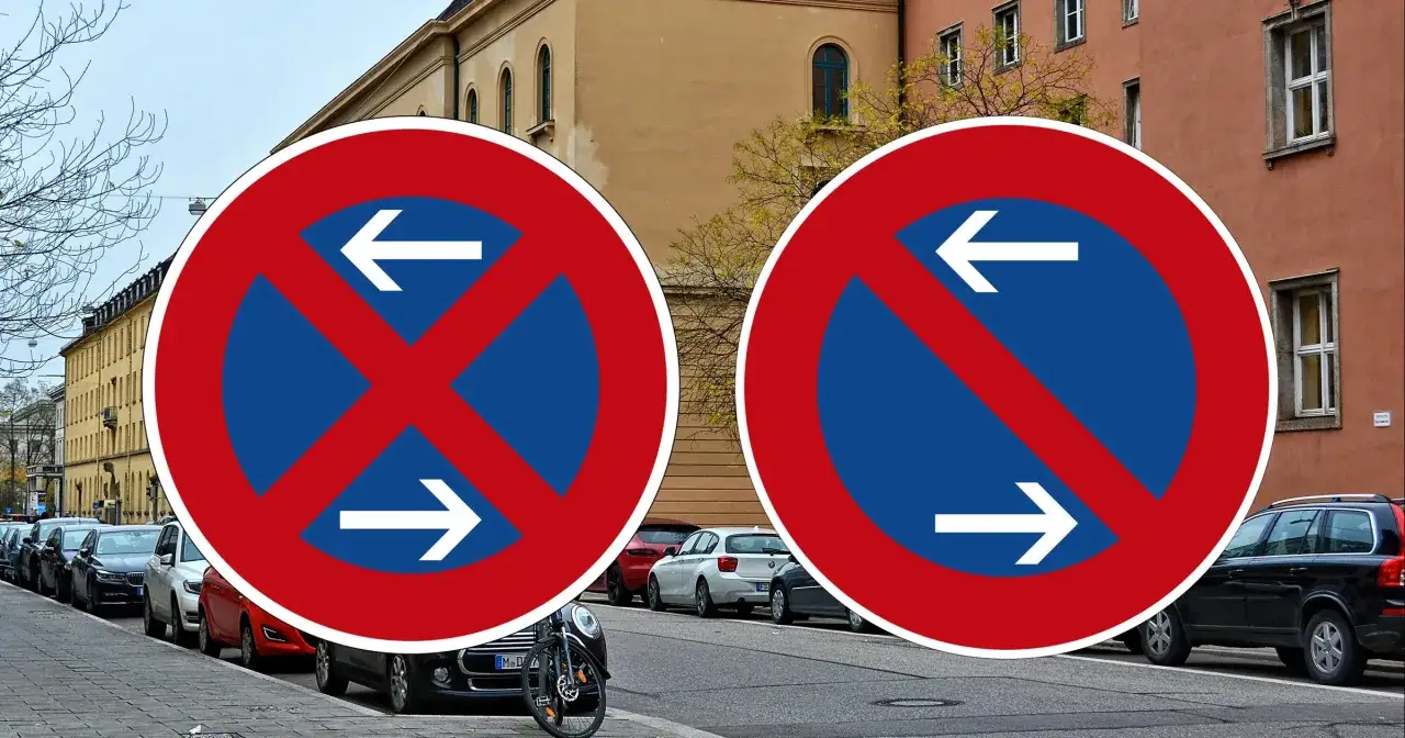 Dwa znaki zakazu zatrzymywania się i postoju. Jeden z nich informuje o zakazie parkowania w miejscu niedozwolonym po obu stronach znaku, drugi po lewej.