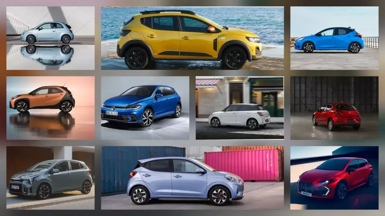 Kompilacja r&oacute;żnych modeli samochod&oacute;w klasy B: Fiat 500, Dacia Sandero, Toyota Yaris, Toyota Aygo X, VW Polo, Suzuki Swift, Kia Picanto, Hyundai i10, Mazda 2.