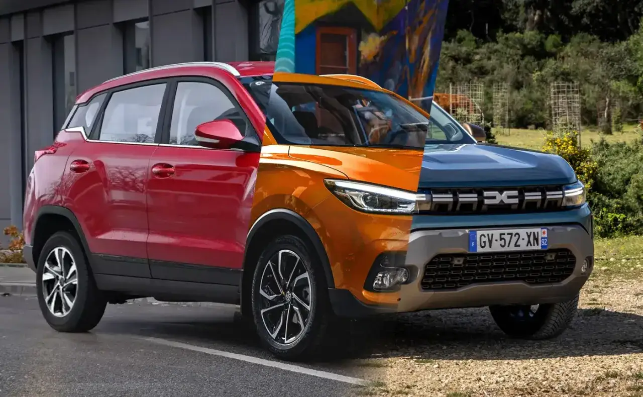 Kompaktowy SUV w trzech odsłonach: czerwony, pomarańczowy i niebieski, prezentujący r&oacute;żne style i detale.