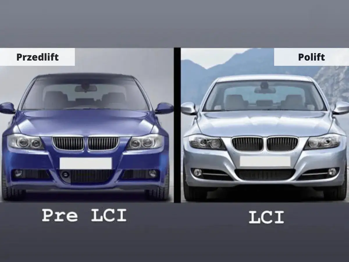 Porównanie BMW Serii 3 e90 przedlift i polift. Widoczne różnice w wyglądzie przedniej części obu modeli.
