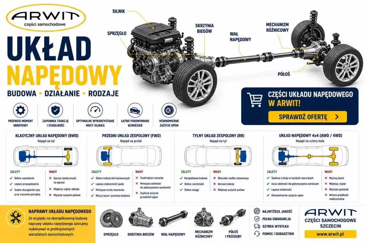 Schemat budowy układu napędowego: silnik, sprzęgło, skrzynia bieg&oacute;w, wał napędowy, mechanizm r&oacute;żnicowy, p&oacute;łosie.