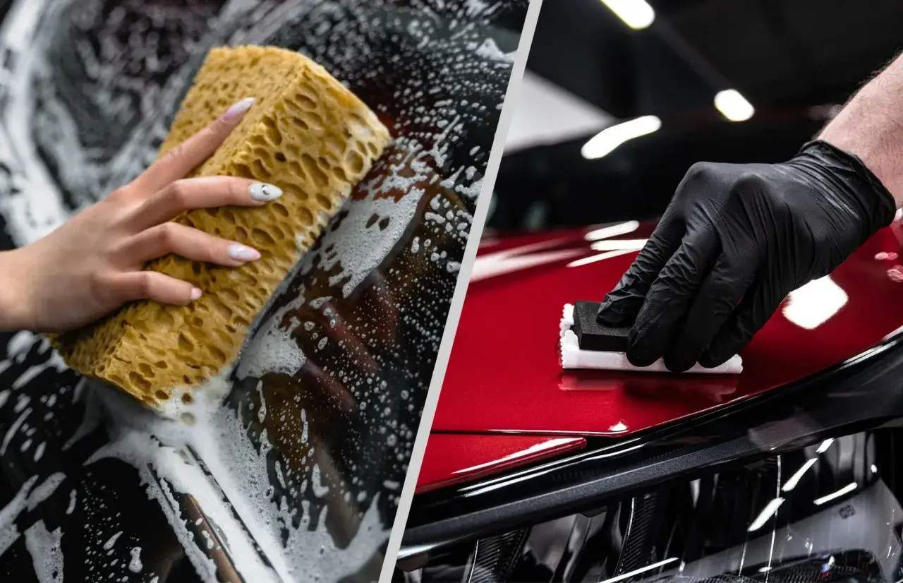 Ręczne mycie detailingowe z pianą i aplikacja powłoki ceramicznej na błyszczącym lakierze.