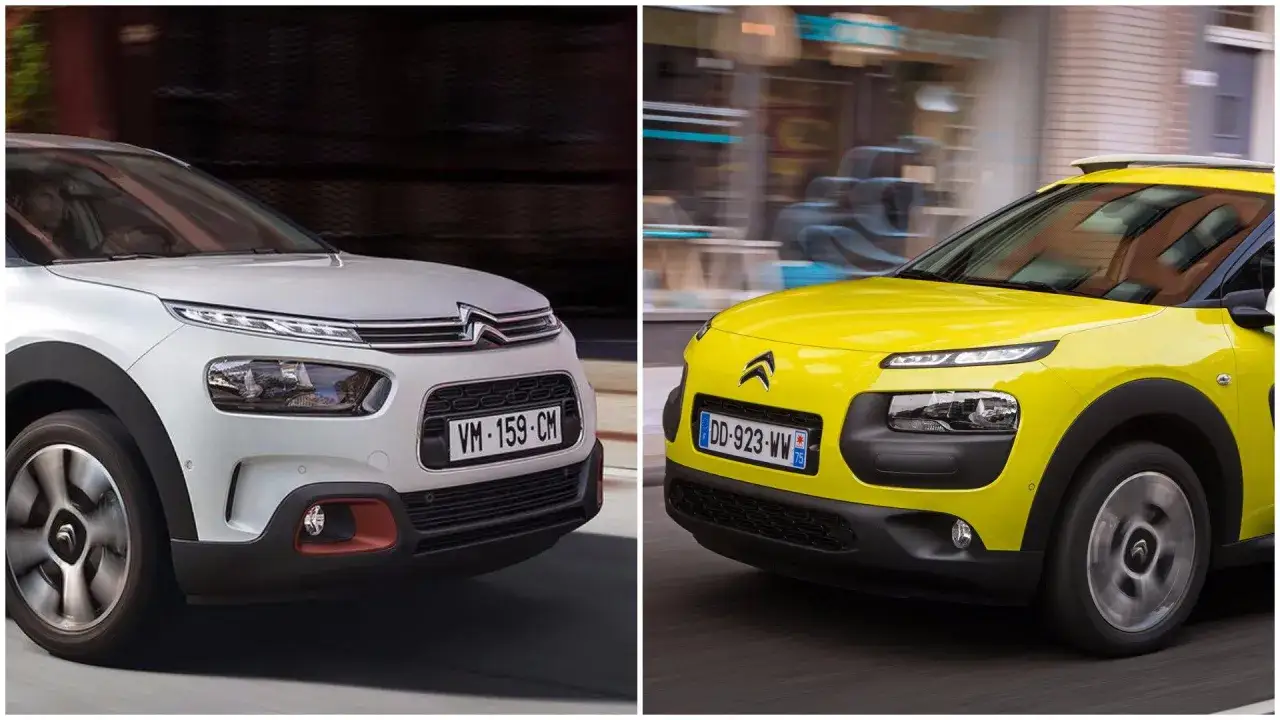 Biały i ż&oacute;łty Citroen C4 Cactus po lifcie, por&oacute;wnanie przod&oacute;w samochod&oacute;w.