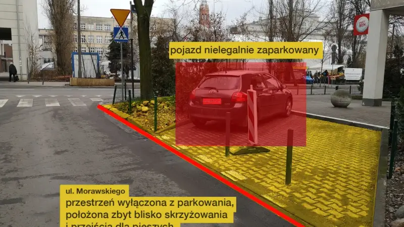 Czerwony obszar zaznacza pojazd nielegalnie zaparkowany. Ulica Morawskiego, przestrzeń wyłączona z parkowania, zbyt blisko skrzyżowania i przejścia dla pieszych.